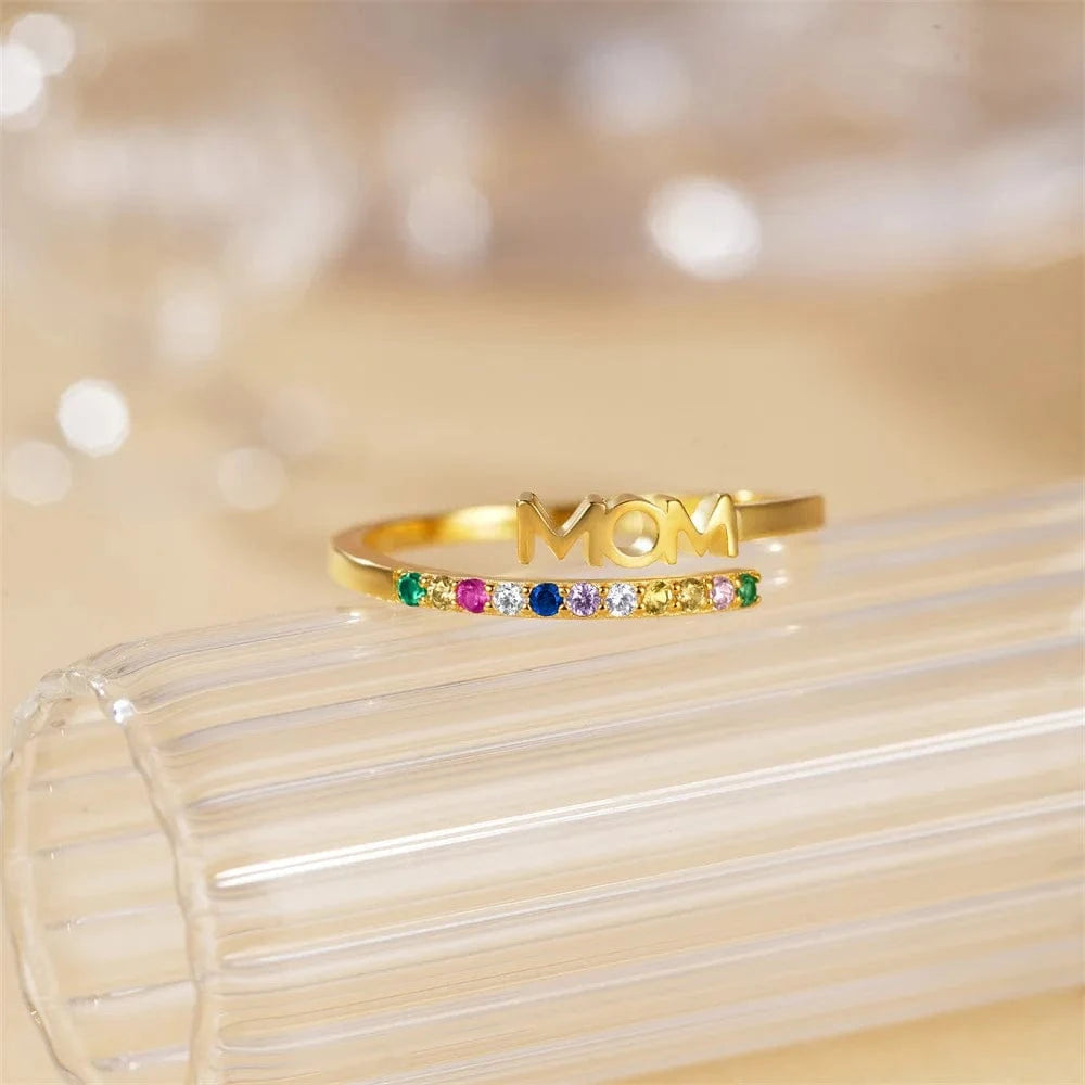 Fashion Jewelry 925 Sterling Silver Rings Letter MOM Diamond Colorful Zircon Gold Plated Open Rings for Women Mother's Day Gift