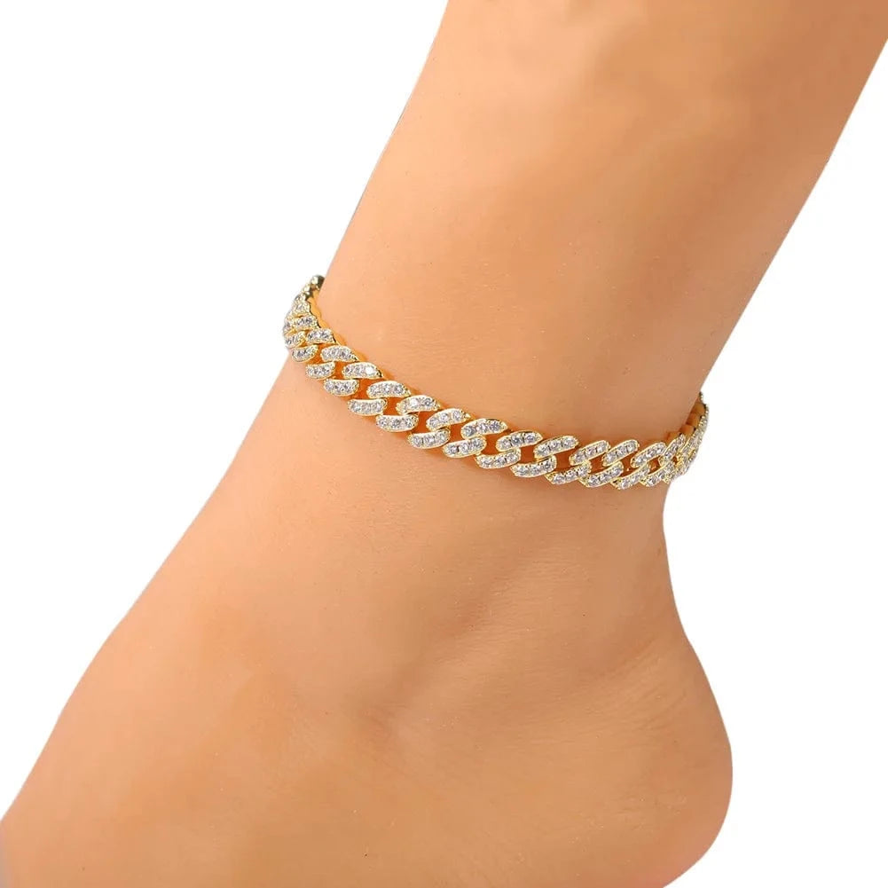 Fashion Jewelry Bling Gold Plated Cuban Chain Anklet Ankle Bracelet Iced Out Crystal Diamond Cuban Link Anklet