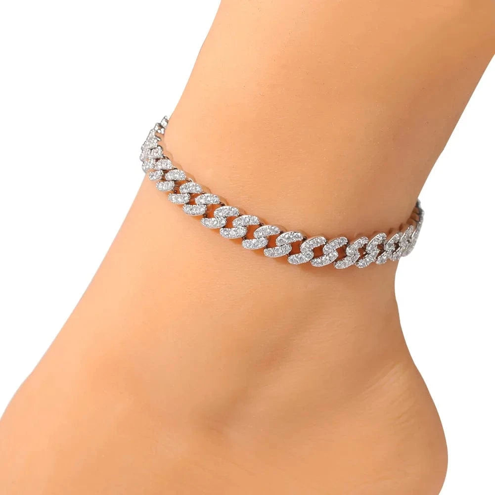Fashion Jewelry Bling Gold Plated Cuban Chain Anklet Ankle Bracelet Iced Out Crystal Diamond Cuban Link Anklet