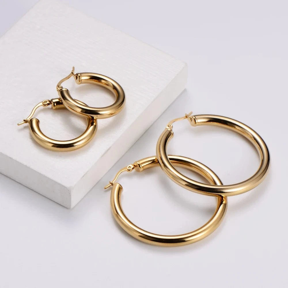 fashion jewelry gift chunky round tube 18k gold plated stainless steel large hoop earrings for women girl