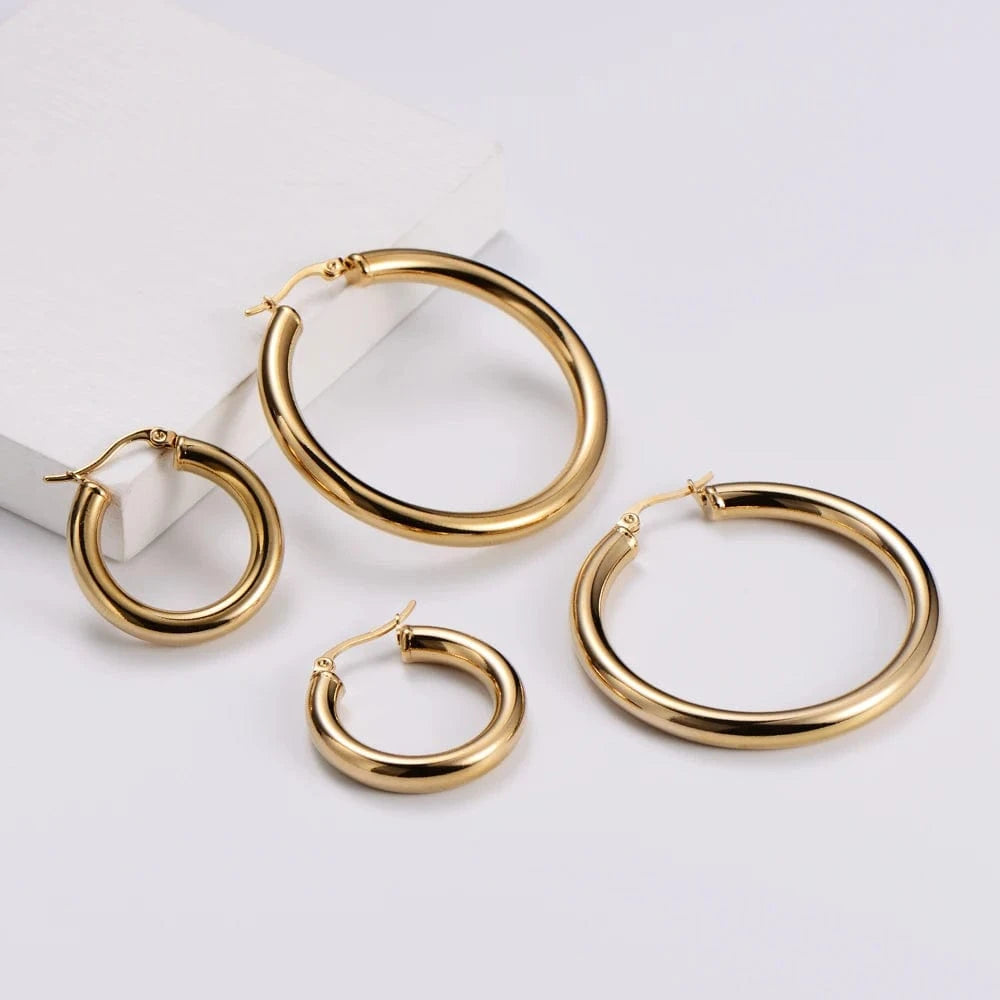 fashion jewelry gift chunky round tube 18k gold plated stainless steel large hoop earrings for women girl