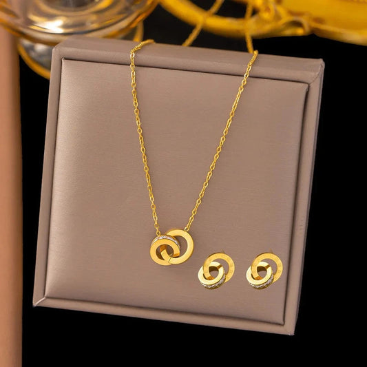 Fashion Jewelry Gold Plated Women's for Engagement Stainless Steel Necklace Earring Set