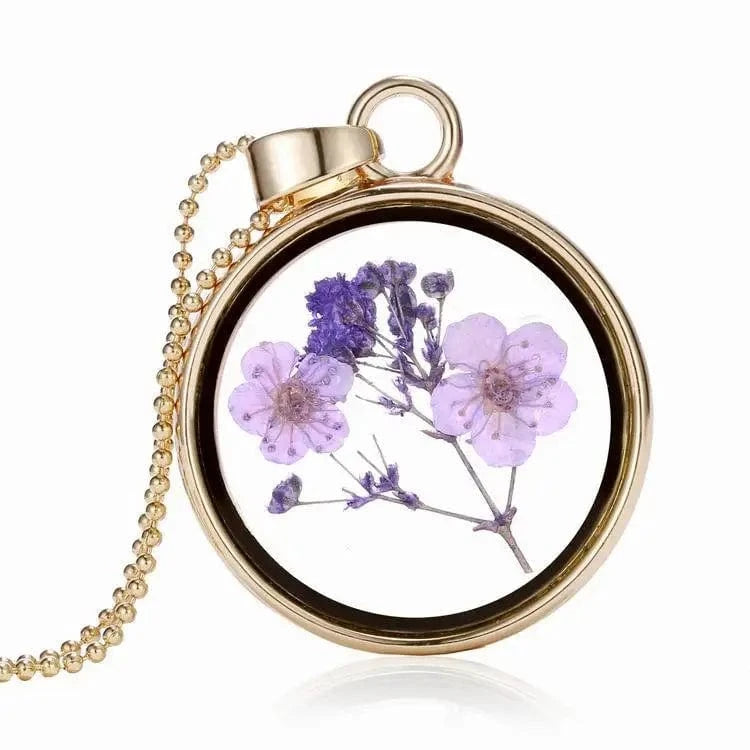 fashion jewelry necklaces / Purple Branch Purple Flower Wholesale Gold Chains Fashion Botanical Resin Jewelry Gold Plated Crystal Dried Flowers Rosary Pendant Necklaces For Girls