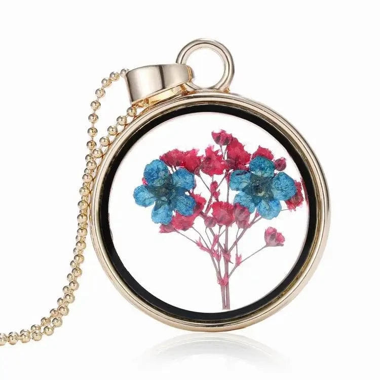 fashion jewelry necklaces / Red Branch Blue Flower Wholesale Gold Chains Fashion Botanical Resin Jewelry Gold Plated Crystal Dried Flowers Rosary Pendant Necklaces For Girls