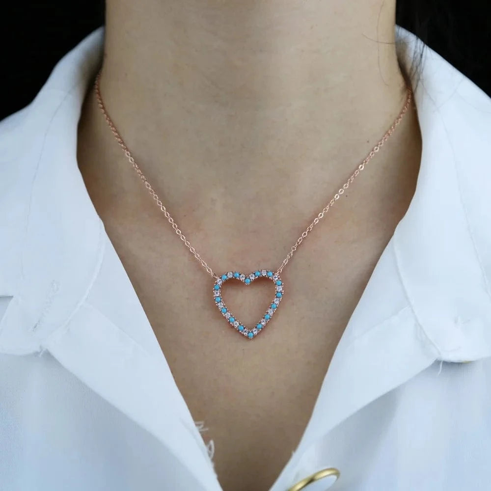 Fashion jewelry turquoise hollow out heart pendant Valentines's Day gift thin chain girl women necklace