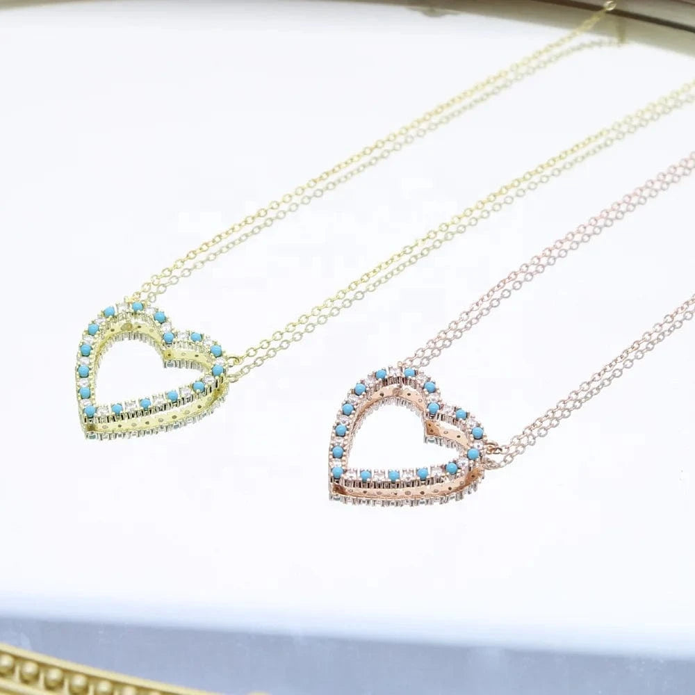 Fashion jewelry turquoise hollow out heart pendant Valentines's Day gift thin chain girl women necklace