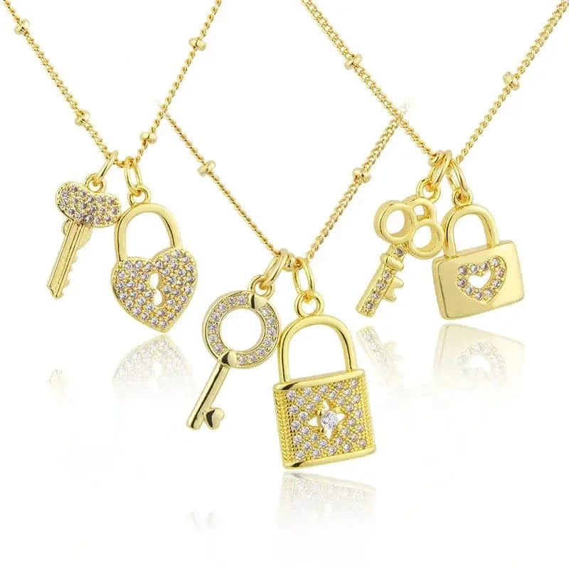 Fashion Key Lock Pendant Necklace 18K Gold Plated Copper Choker Inlaid Cubic Zirconia Clavicle Chain Jewelry