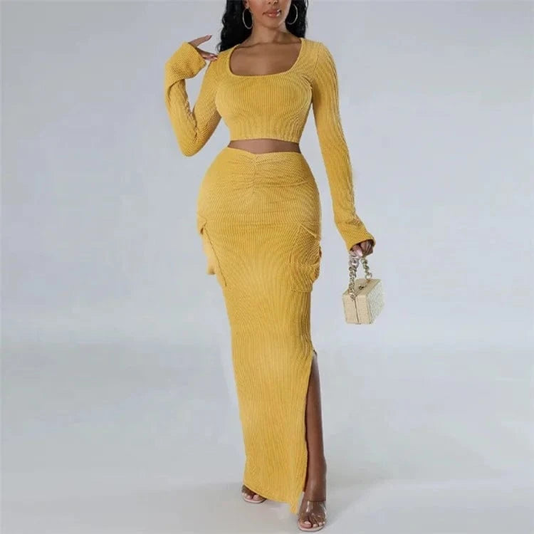 Fashion Knit Ribbed Women's Set Long Sleve Jacket and Pocket Side Split Maxi Skirts 2024 Two 2 Piece Sets