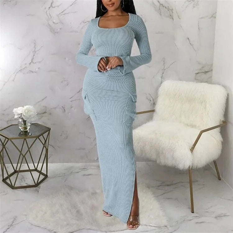 Fashion Knit Ribbed Women's Set Long Sleve Jacket and Pocket Side Split Maxi Skirts 2024 Two 2 Piece Sets