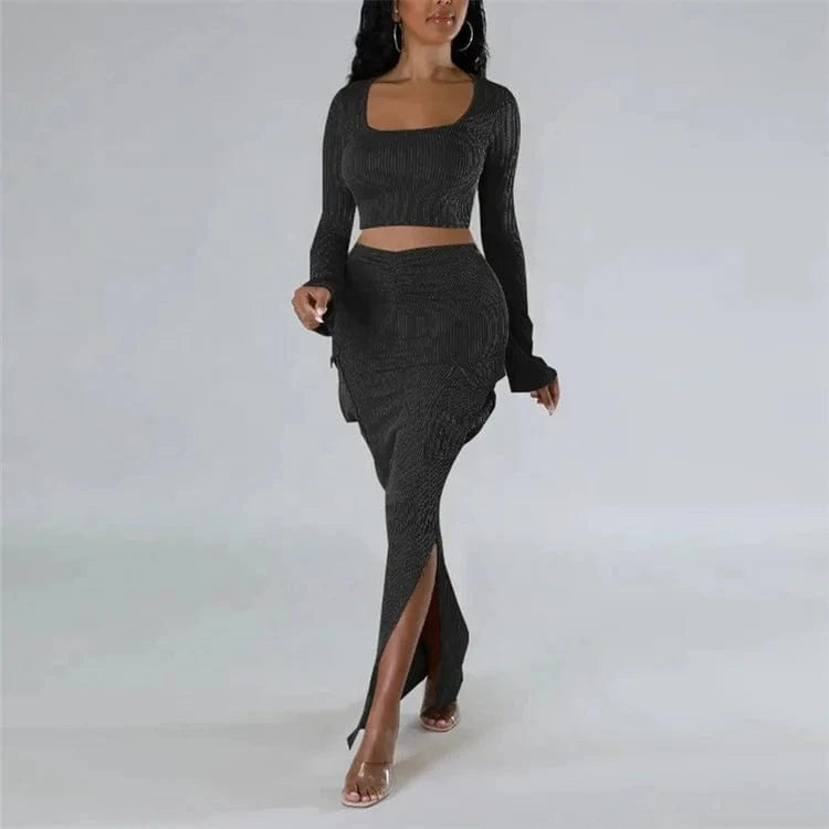 Fashion Knit Ribbed Women's Set Long Sleve Jacket and Pocket Side Split Maxi Skirts 2024 Two 2 Piece Sets