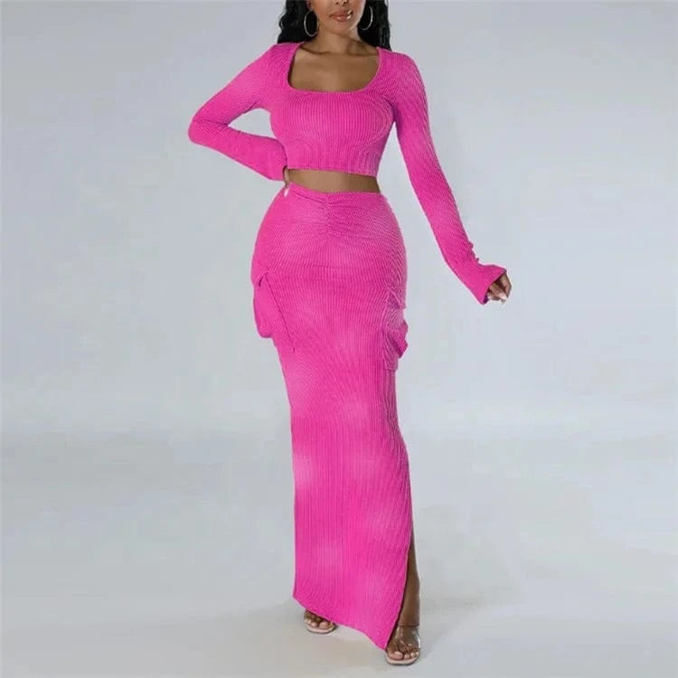 Fashion Knit Ribbed Women's Set Long Sleve Jacket and Pocket Side Split Maxi Skirts 2024 Two 2 Piece Sets
