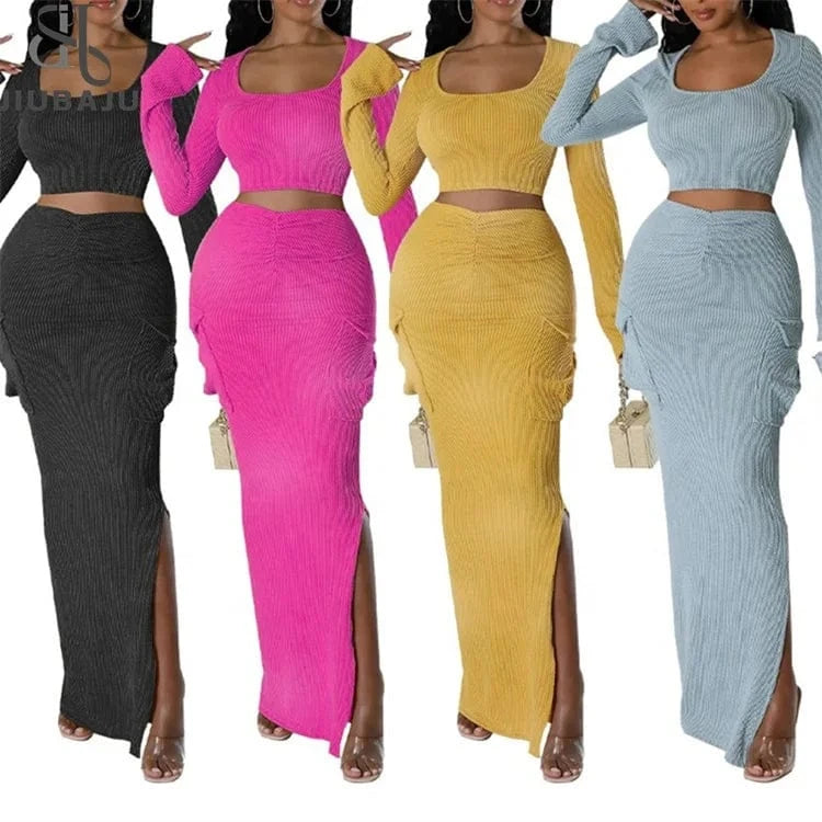 Fashion Knit Ribbed Women's Set Long Sleve Jacket and Pocket Side Split Maxi Skirts 2024 Two 2 Piece Sets