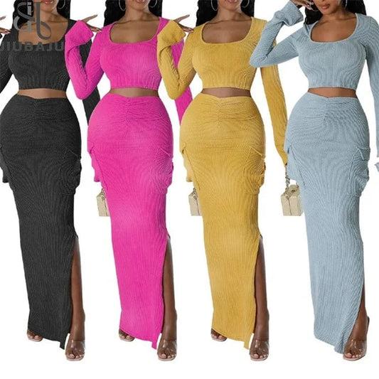 Fashion Knit Ribbed Women's Set Long Sleve Jacket and Pocket Side Split Maxi Skirts 2024 Two 2 Piece Sets
