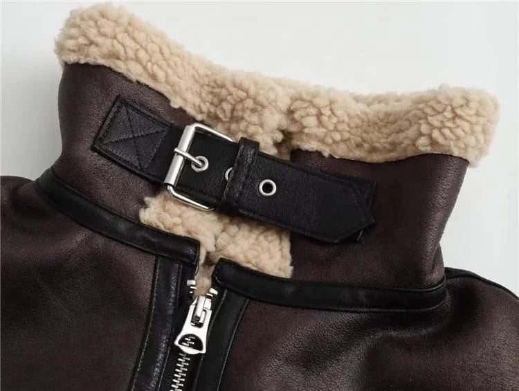 Fashion Lamb Wool Patchwork Faux Leather Vest Women Lapel Sleeveless Zip-Up Belt Thicken Jackets 2024 Outwear
