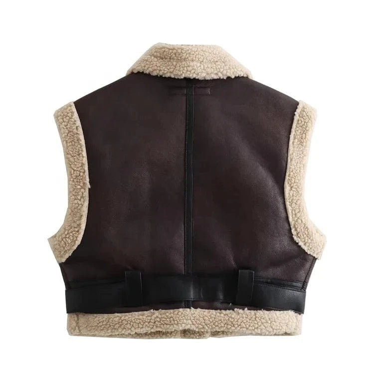 Fashion Lamb Wool Patchwork Faux Leather Vest Women Lapel Sleeveless Zip-Up Belt Thicken Jackets 2024 Outwear