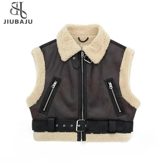 Fashion Lamb Wool Patchwork Faux Leather Vest Women Lapel Sleeveless Zip-Up Belt Thicken Jackets 2024 Outwear