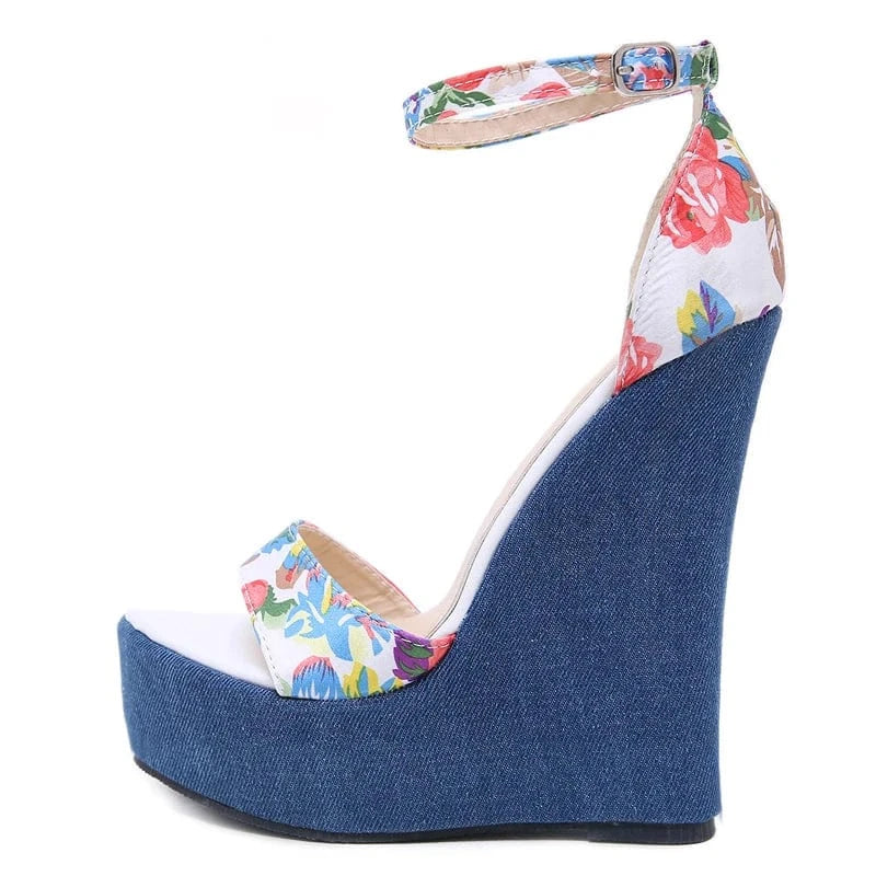 Fashion Leisure Designer Print Denim Sandals Woman Roman Peep Toe Platform Shoes wedges sandals high heeled sandals