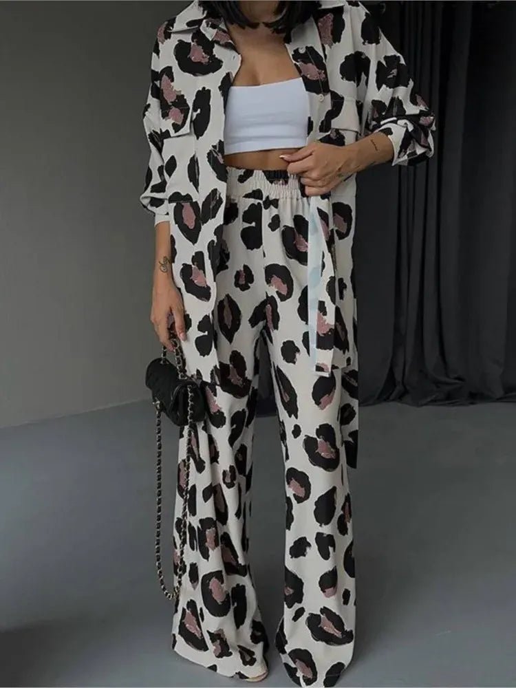 Fashion Leopard Print Women's Two Piece Sets Elegant Casual Button Streetwear Long Sleeve Shirt And Wide Leg Pants 2 Piece Sets - SN Wigs & More