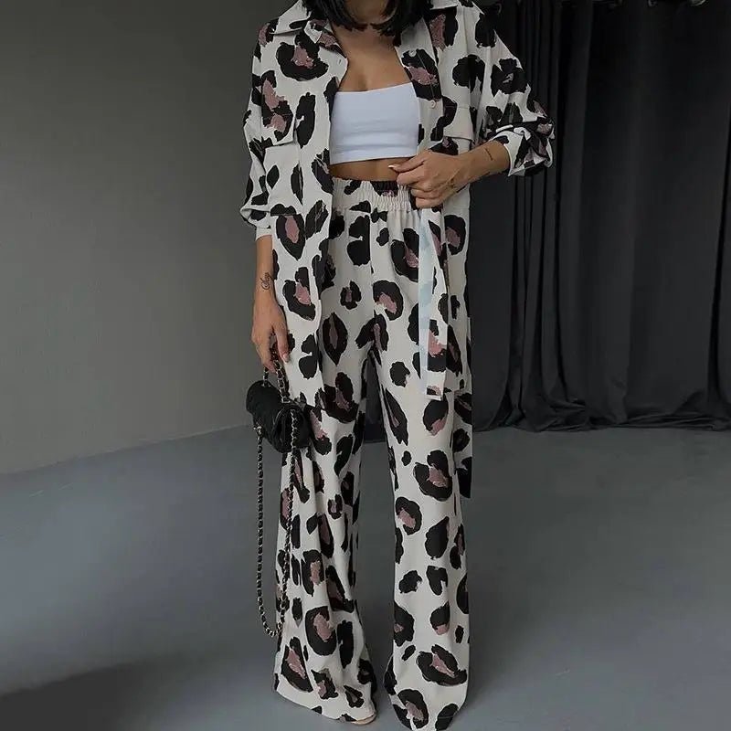 Fashion Leopard Print Women's Two Piece Sets Elegant Casual Button Streetwear Long Sleeve Shirt And Wide Leg Pants 2 Piece Sets - SN Wigs & More