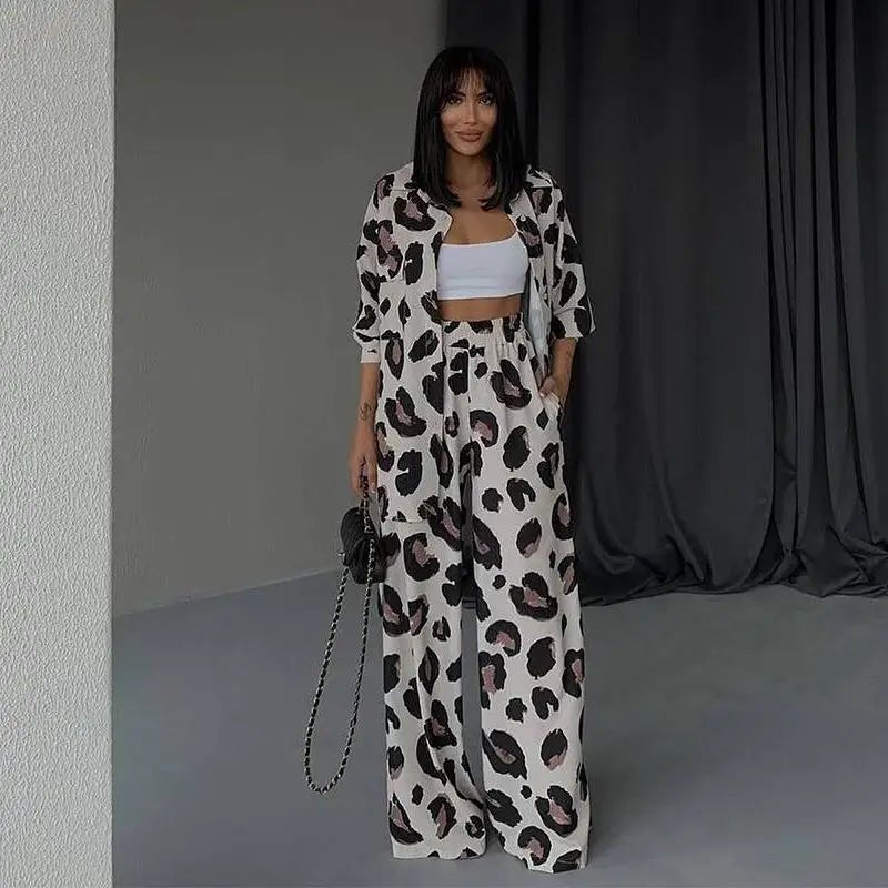 Fashion Leopard Print Women's Two Piece Sets Elegant Casual Button Streetwear Long Sleeve Shirt And Wide Leg Pants 2 Piece Sets - SN Wigs & More