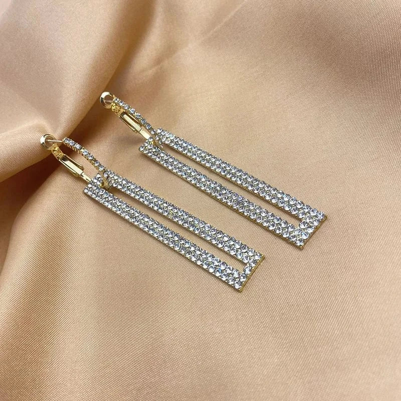 Fashion Long Geometric Drop Earrings Luxury Gold Silver Color Rectangle Rhinestone Hoop Earring For Women Party Jewelry Gift