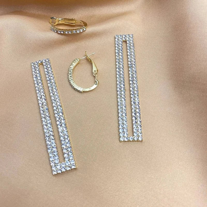 Fashion Long Geometric Drop Earrings Luxury Gold Silver Color Rectangle Rhinestone Hoop Earring For Women Party Jewelry Gift