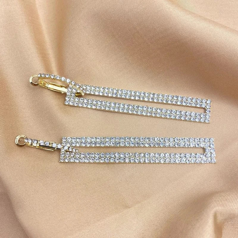 Fashion Long Geometric Drop Earrings Luxury Gold Silver Color Rectangle Rhinestone Hoop Earring For Women Party Jewelry Gift