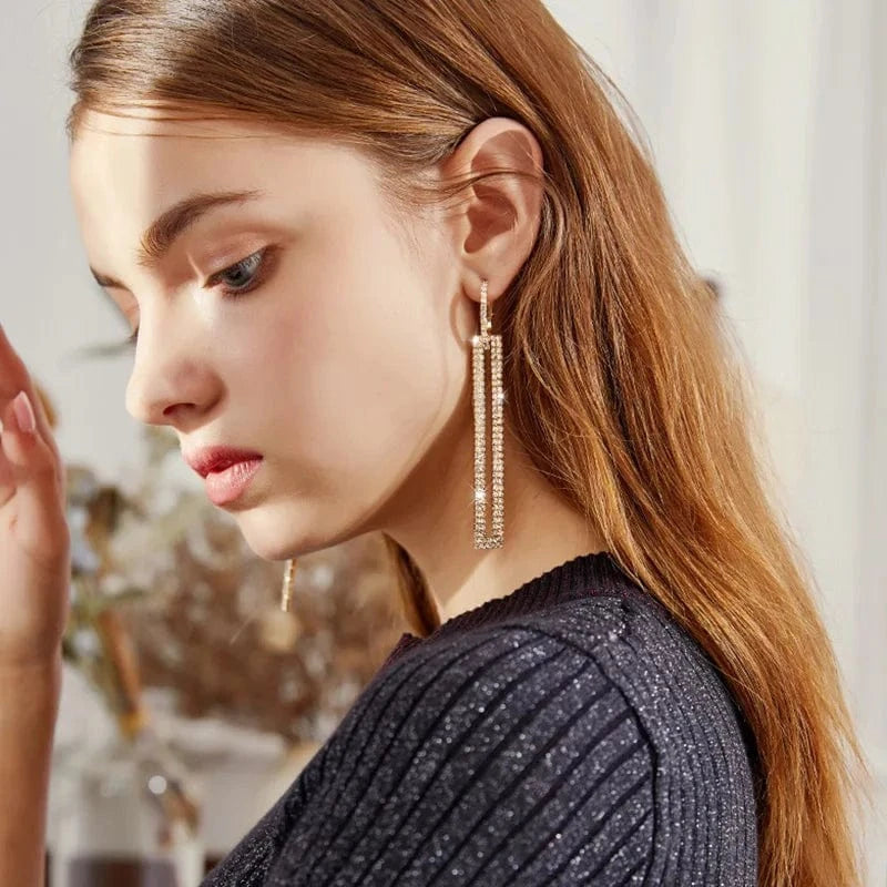 Fashion Long Geometric Drop Earrings Luxury Gold Silver Color Rectangle Rhinestone Hoop Earring For Women Party Jewelry Gift
