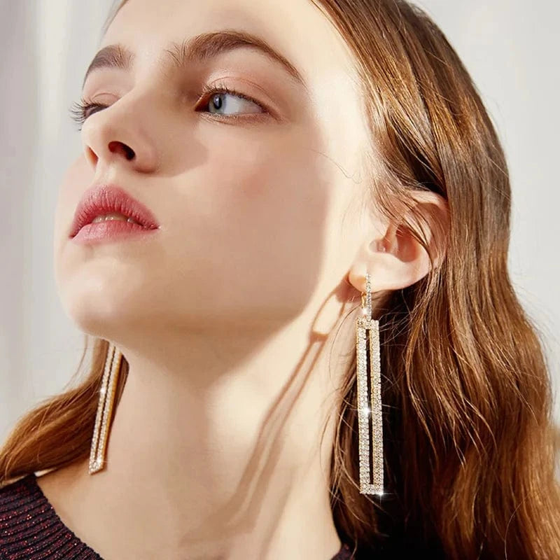Fashion Long Geometric Drop Earrings Luxury Gold Silver Color Rectangle Rhinestone Hoop Earring For Women Party Jewelry Gift