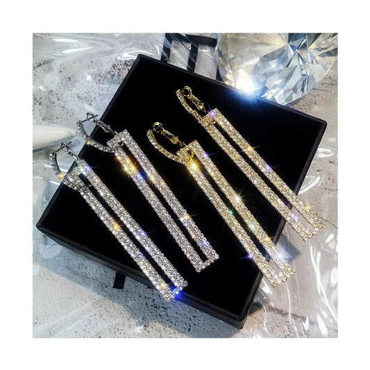 Fashion Long Geometric Drop Earrings Luxury Gold Silver Color Rectangle Rhinestone Hoop Earring For Women Party Jewelry Gift