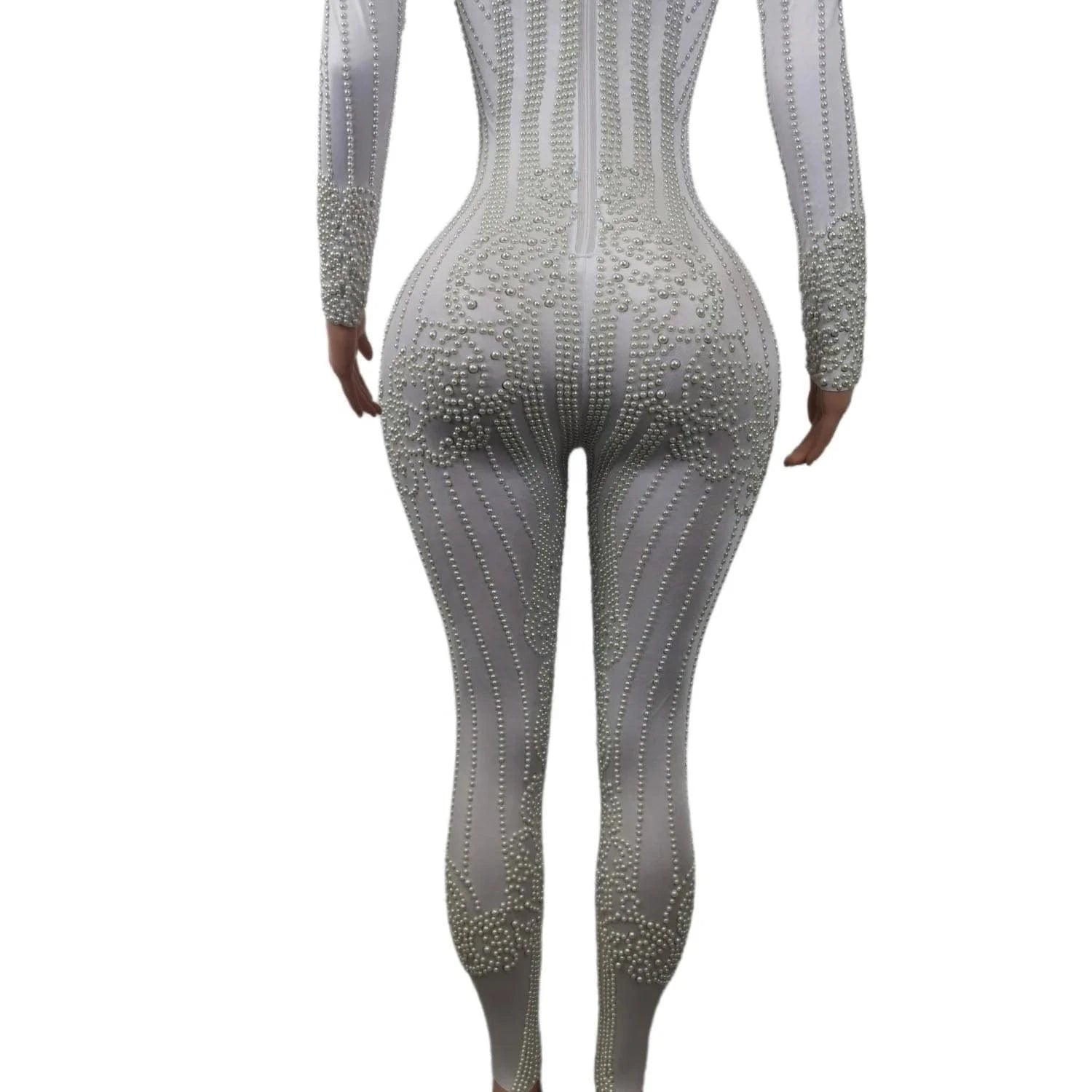 Fashion Long Sleeve White Pearl Bodysuit Night Club Party One Piece Jumpsuit Dance Leotard Plus Size Sexy Rompers Women Jumpsuit