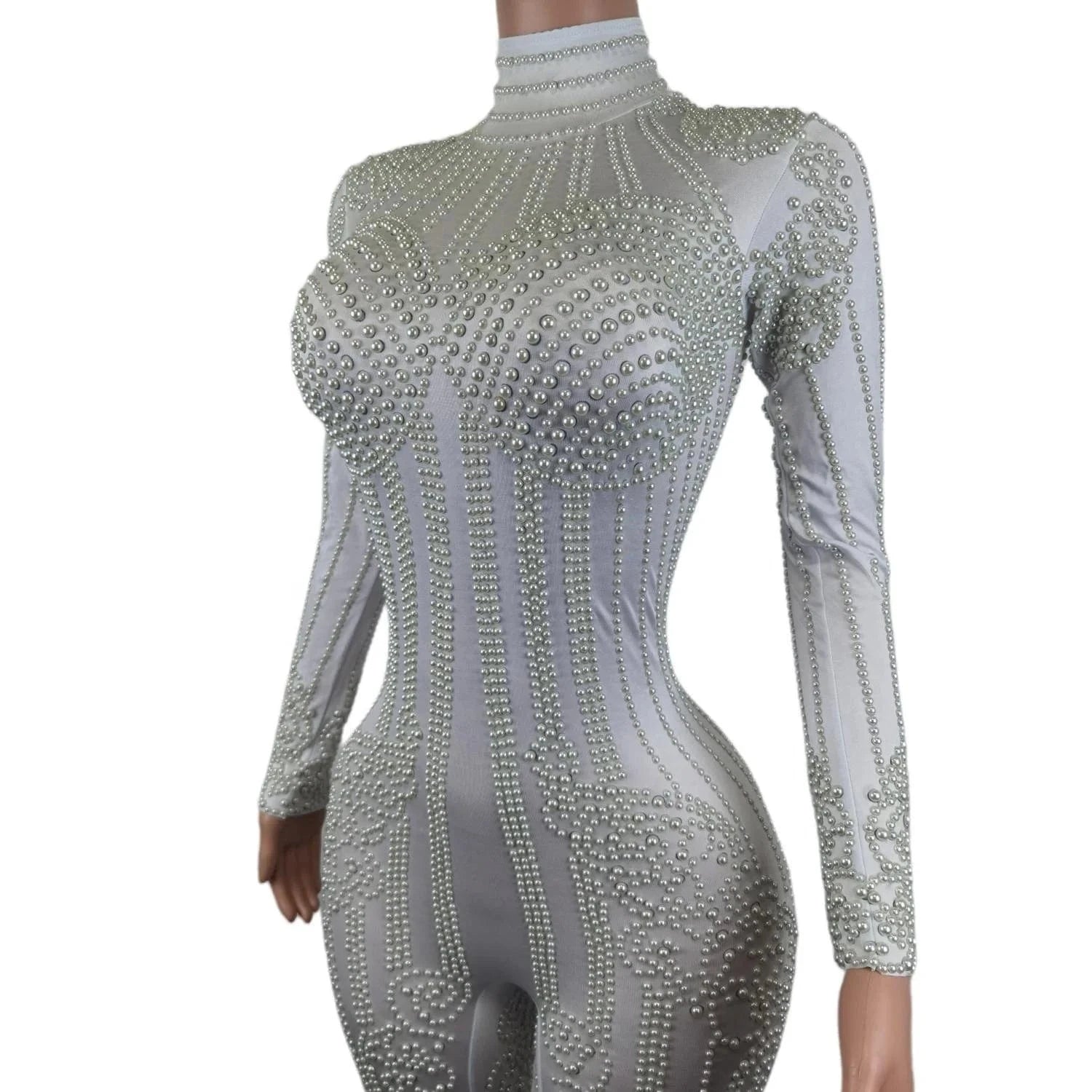 Fashion Long Sleeve White Pearl Bodysuit Night Club Party One Piece Jumpsuit Dance Leotard Plus Size Sexy Rompers Women Jumpsuit