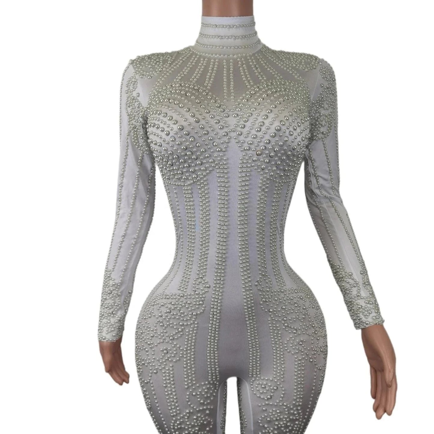 Fashion Long Sleeve White Pearl Bodysuit Night Club Party One Piece Jumpsuit Dance Leotard Plus Size Sexy Rompers Women Jumpsuit