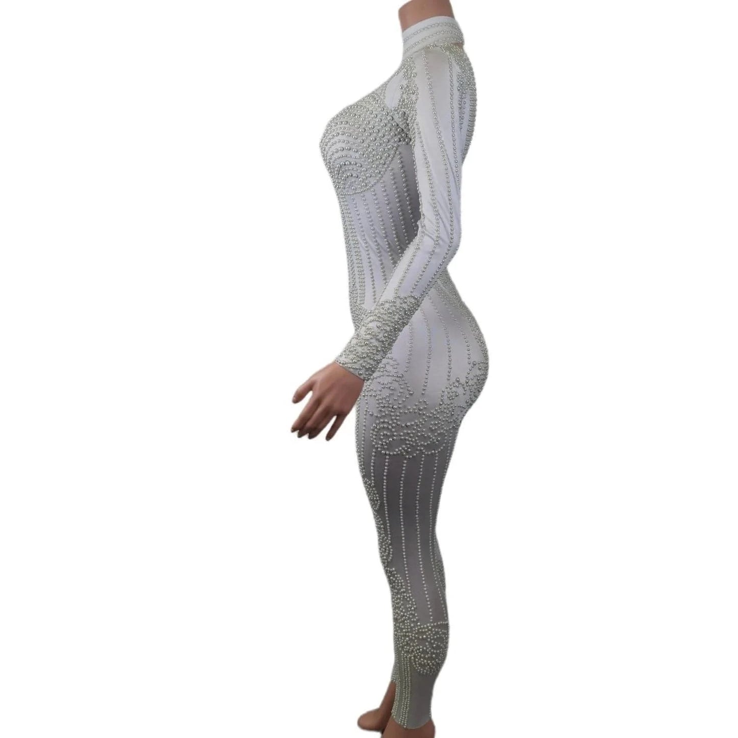 Fashion Long Sleeve White Pearl Bodysuit Night Club Party One Piece Jumpsuit Dance Leotard Plus Size Sexy Rompers Women Jumpsuit