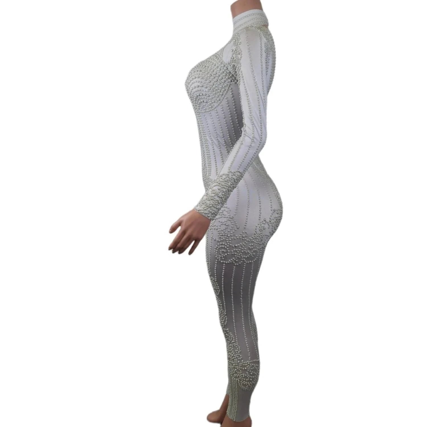 Fashion Long Sleeve White Pearl Bodysuit Night Club Party One Piece Jumpsuit Dance Leotard Plus Size Sexy Rompers Women Jumpsuit