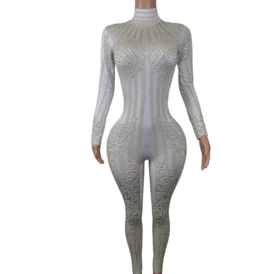 Fashion Long Sleeve White Pearl Bodysuit Night Club Party One Piece Jumpsuit Dance Leotard Plus Size Sexy Rompers Women Jumpsuit