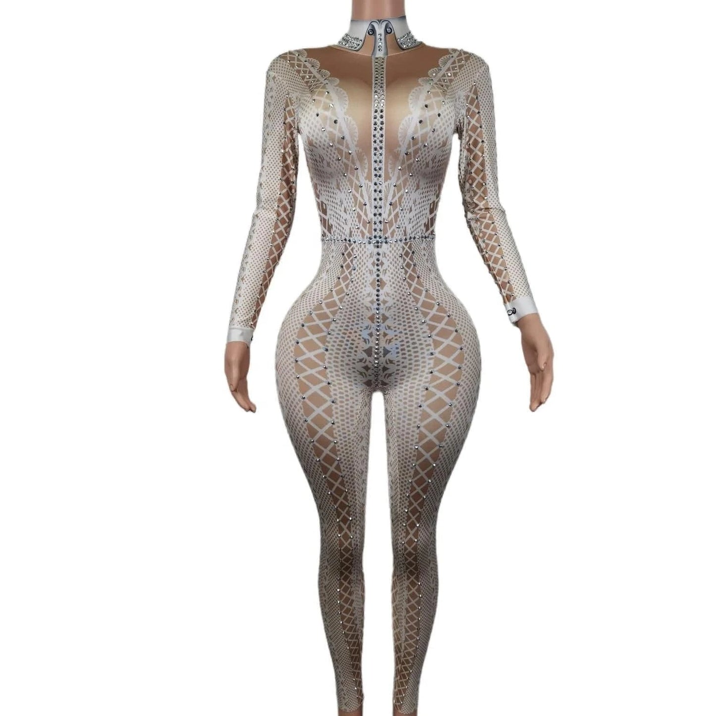 Fashion Long Sleeves Print Spandex Rompers Gogo Dancer Performance Outfits Female One Piece Bodysuit Women Rhinestone Jumpsuit