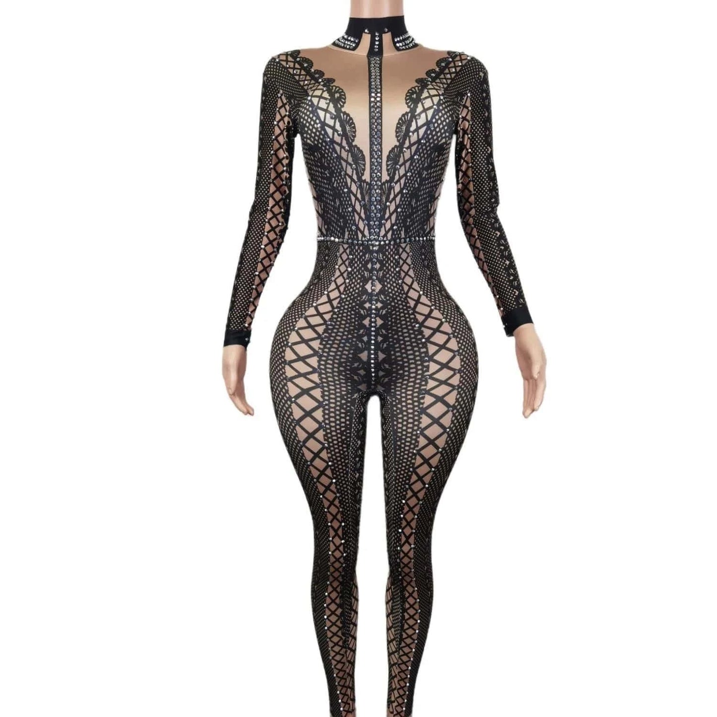 Fashion Long Sleeves Print Spandex Rompers Gogo Dancer Performance Outfits Female One Piece Bodysuit Women Rhinestone Jumpsuit