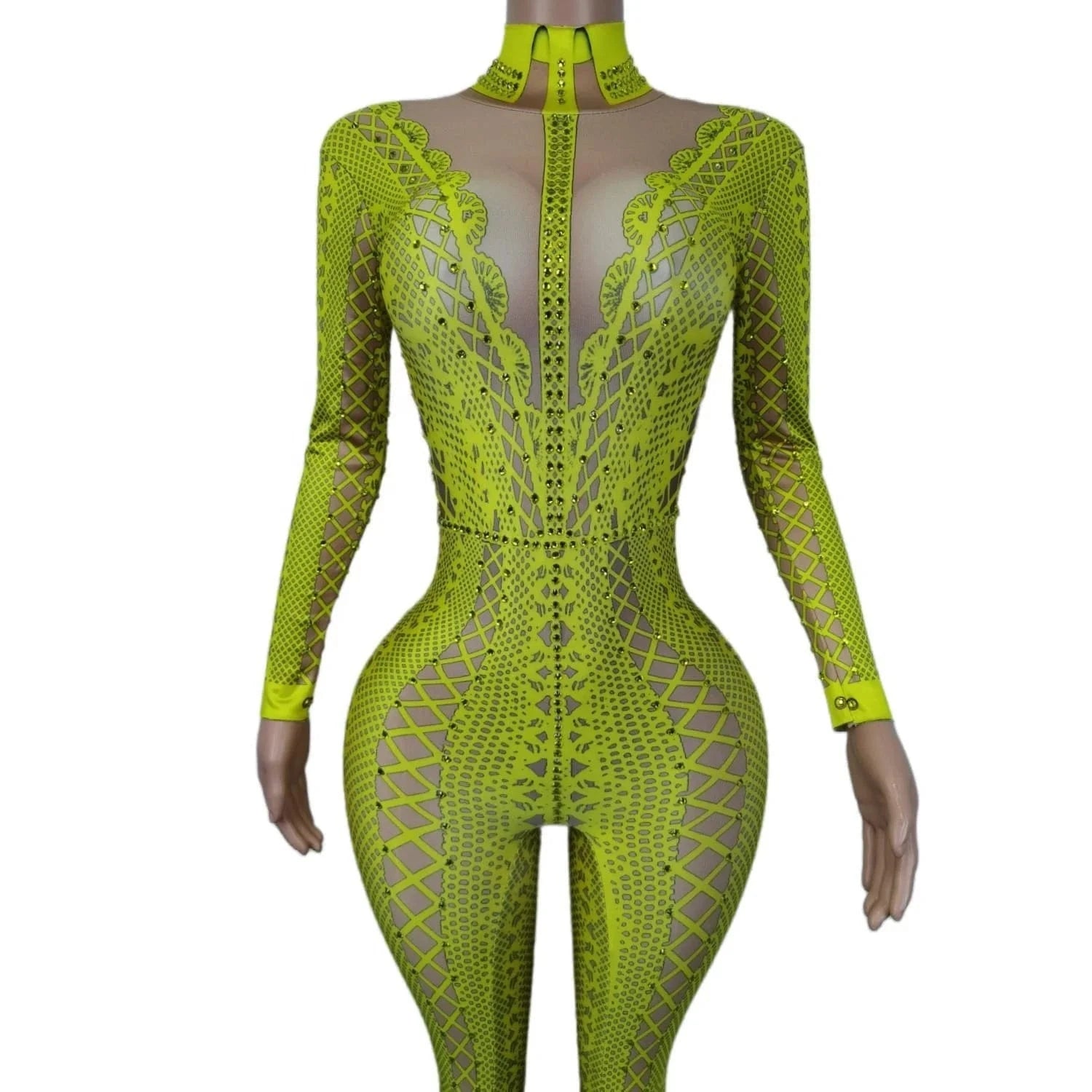 Fashion Long Sleeves Print Spandex Rompers Gogo Dancer Performance Outfits Female One Piece Bodysuit Women Rhinestone Jumpsuit