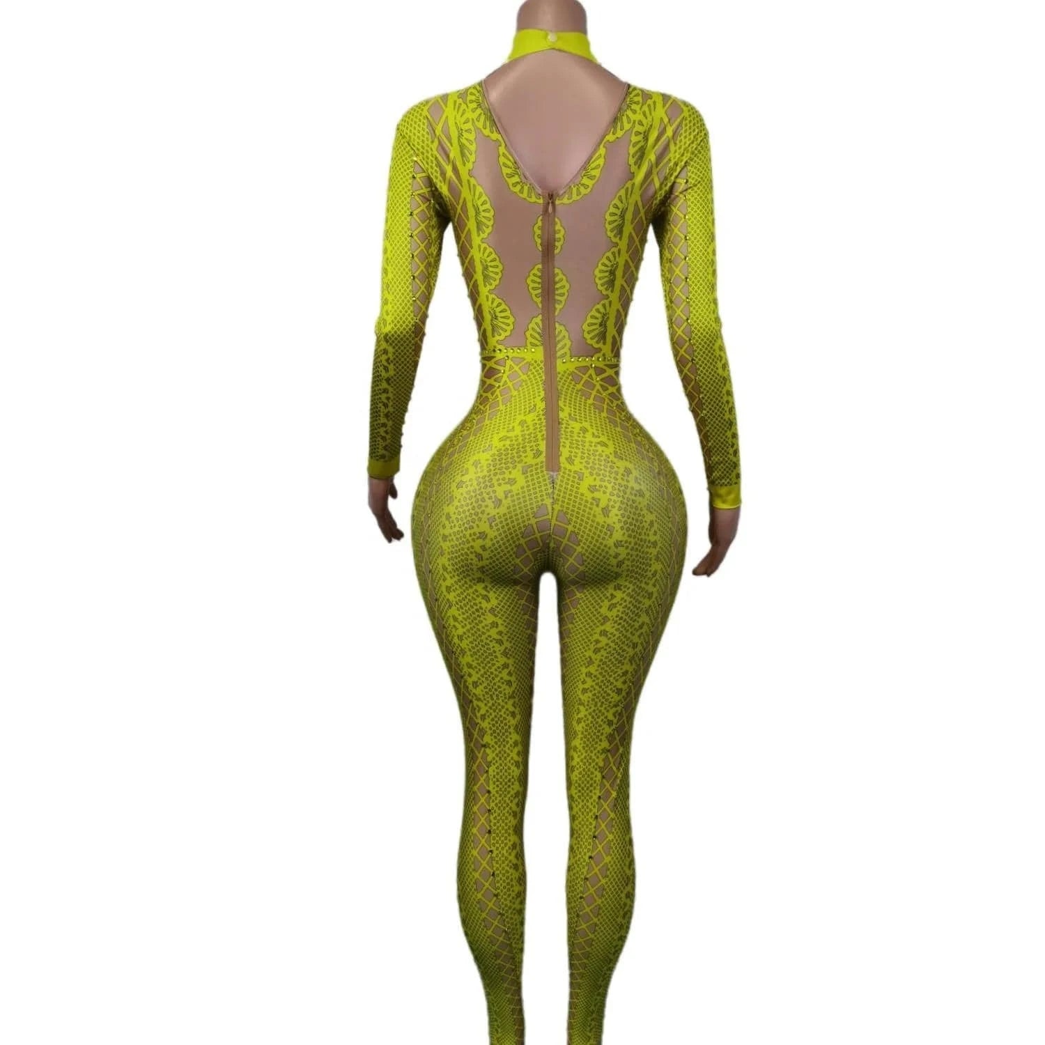 Fashion Long Sleeves Print Spandex Rompers Gogo Dancer Performance Outfits Female One Piece Bodysuit Women Rhinestone Jumpsuit