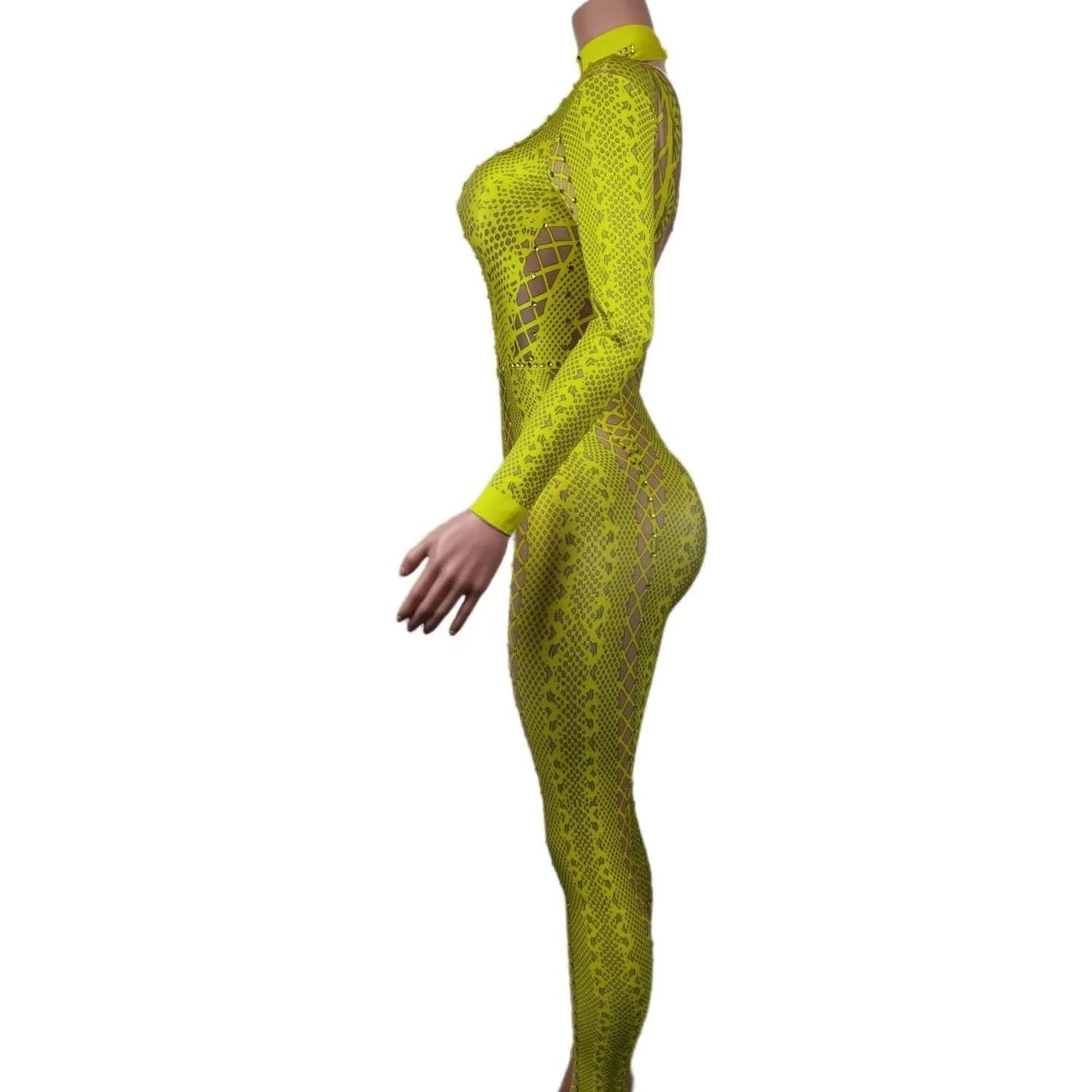 Fashion Long Sleeves Print Spandex Rompers Gogo Dancer Performance Outfits Female One Piece Bodysuit Women Rhinestone Jumpsuit