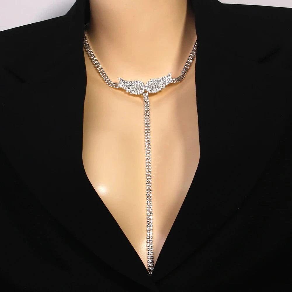 Fashion Long Tassel Angel Wings Full Rhinestone Necklace Jewelry For Women Party Gifts Choker Necklace  Wholesale