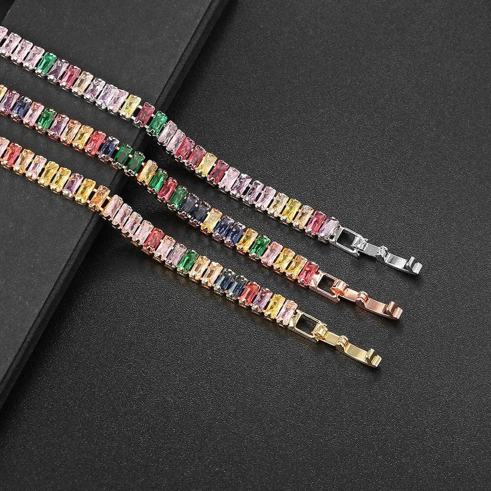 Fashion luxury gold-plated Boutique Rectangular Colored Cubic Zirconia Bracelet Rainbow Crystal Tennis Chain Bracelet for Women