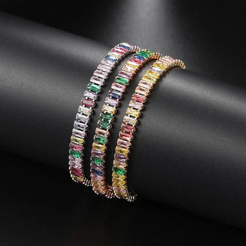 Fashion luxury gold-plated Boutique Rectangular Colored Cubic Zirconia Bracelet Rainbow Crystal Tennis Chain Bracelet for Women