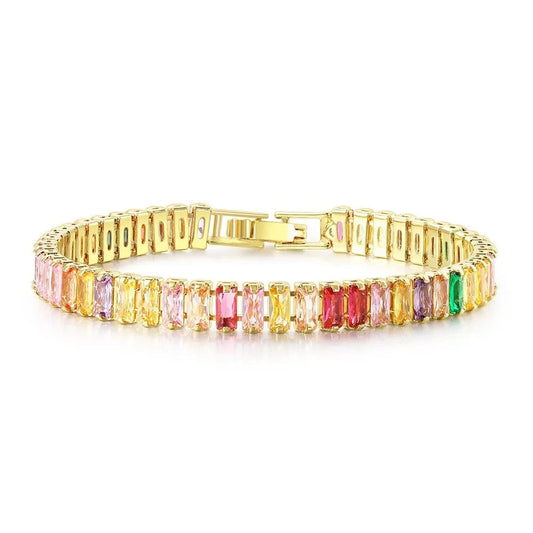 Fashion luxury gold-plated Boutique Rectangular Colored Cubic Zirconia Bracelet Rainbow Crystal Tennis Chain Bracelet for Women