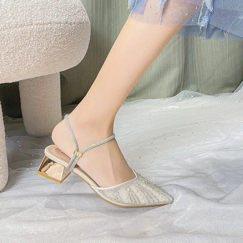 Fashion Luxury Point Toe Rhinestone Sexy Two Wear Ladies Block Heels