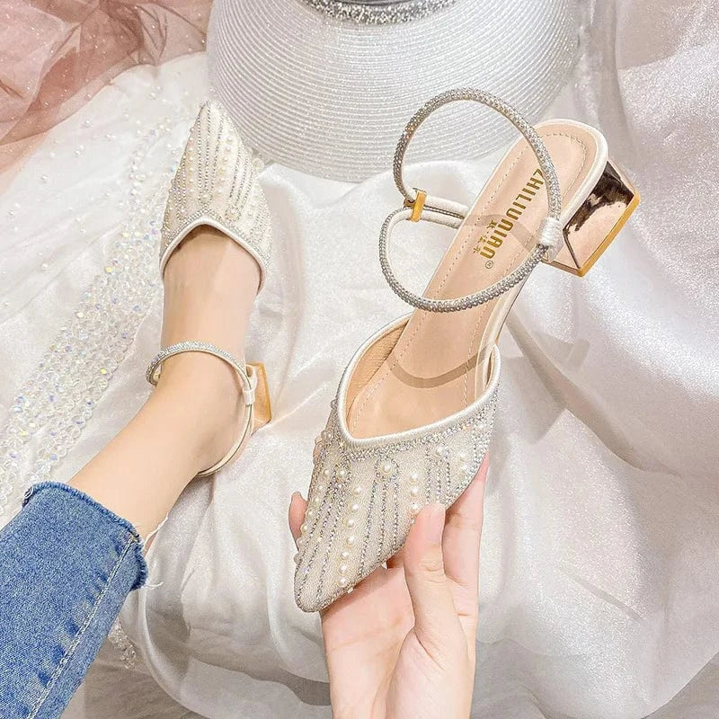 Fashion Luxury Point Toe Rhinestone Sexy Two Wear Ladies Block Heels