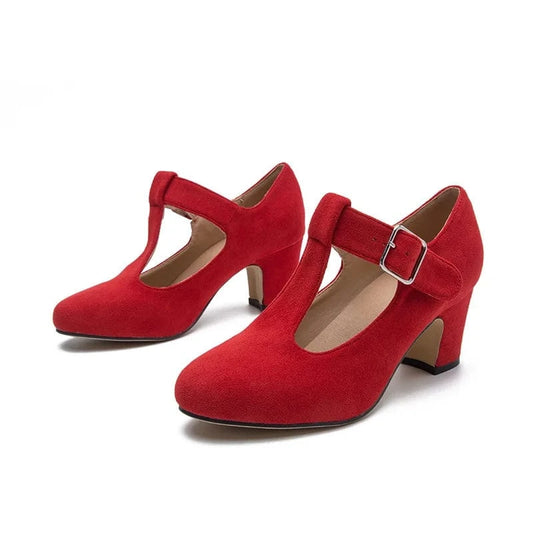 Fashion Mary Jane Shoes Round-toe Red Block Heels Female Spring T-strap Buckle Dress Shoes