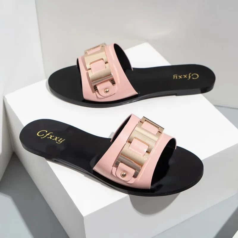 Fashion Metal Buckle Women Slippers PU Solid Mirror Casual Summer Female Flip Flops Sandals