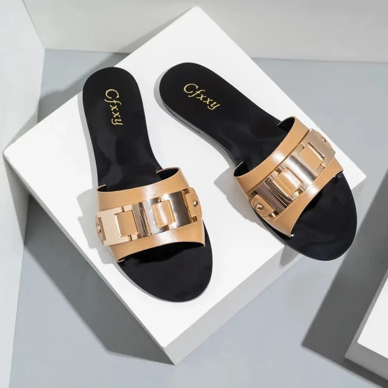 Fashion Metal Buckle Women Slippers PU Solid Mirror Casual Summer Female Flip Flops Sandals